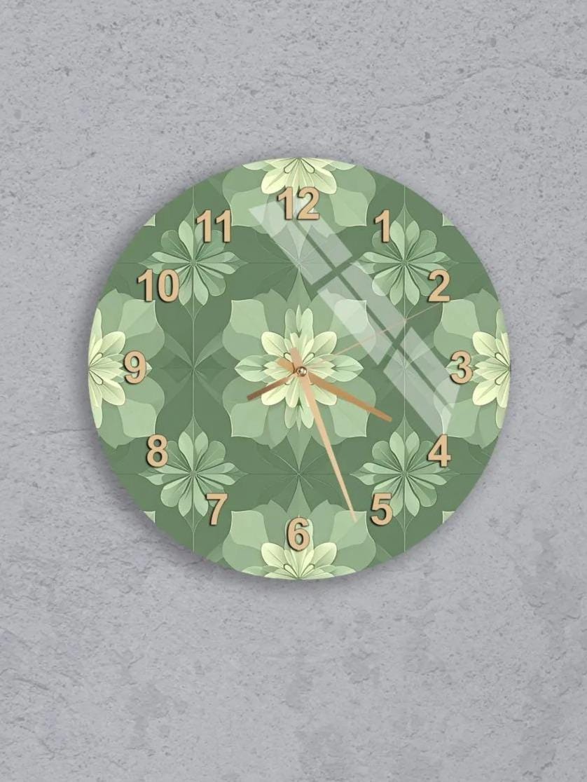 six round wall clocks with green floral designs on their faces, arranged in a grid pattern on a gray background.