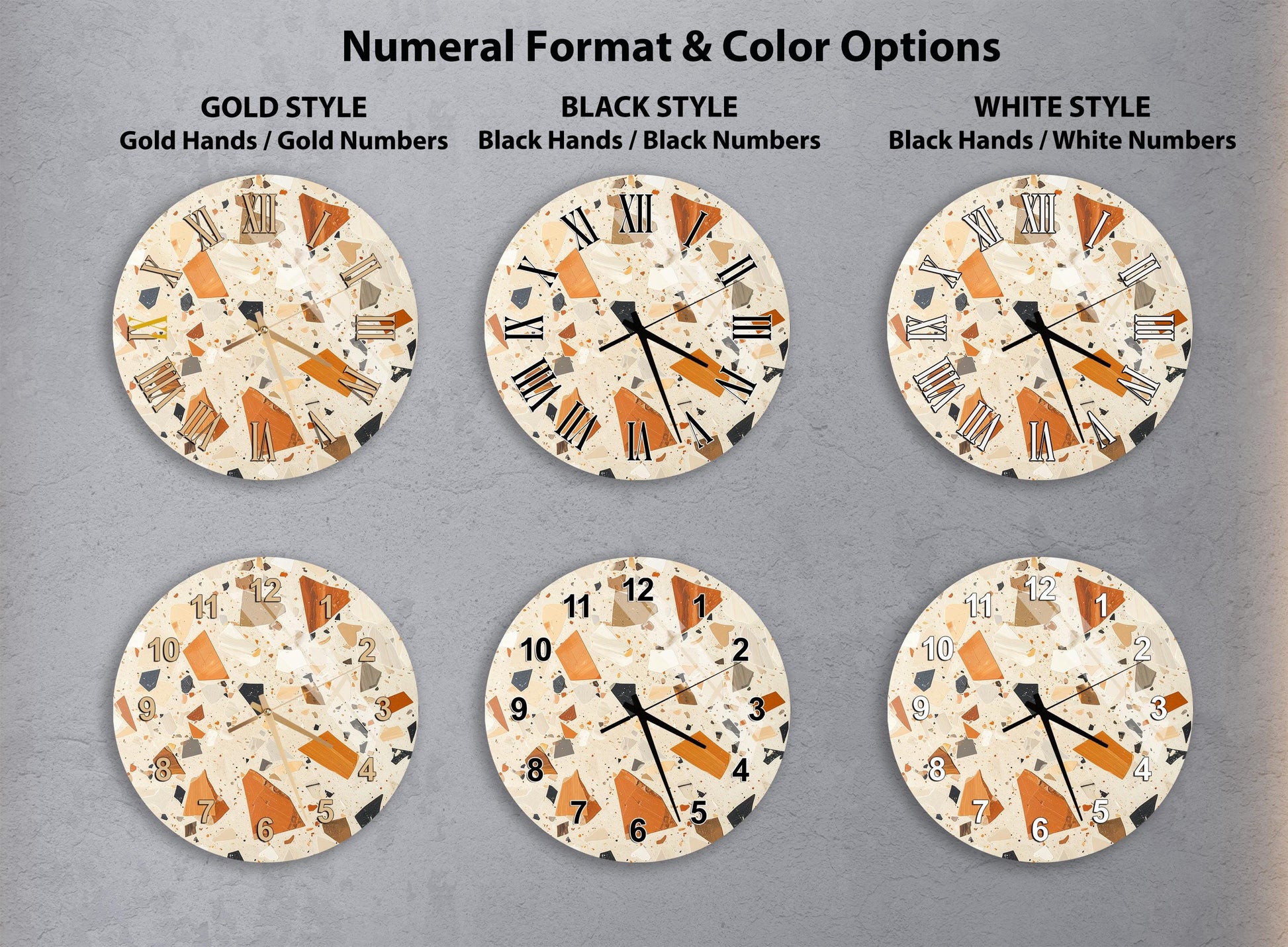six different wall clocks with various styles and color options, including gold, black, white, and black and white.