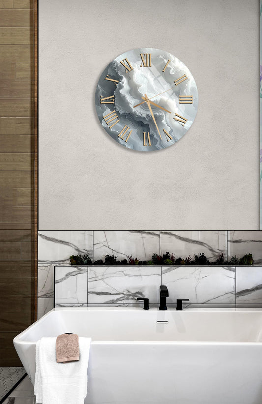 Tempered Glass Wall Clock – Modern Abstract Cloud Design | Gold Hands, Silent Sweep