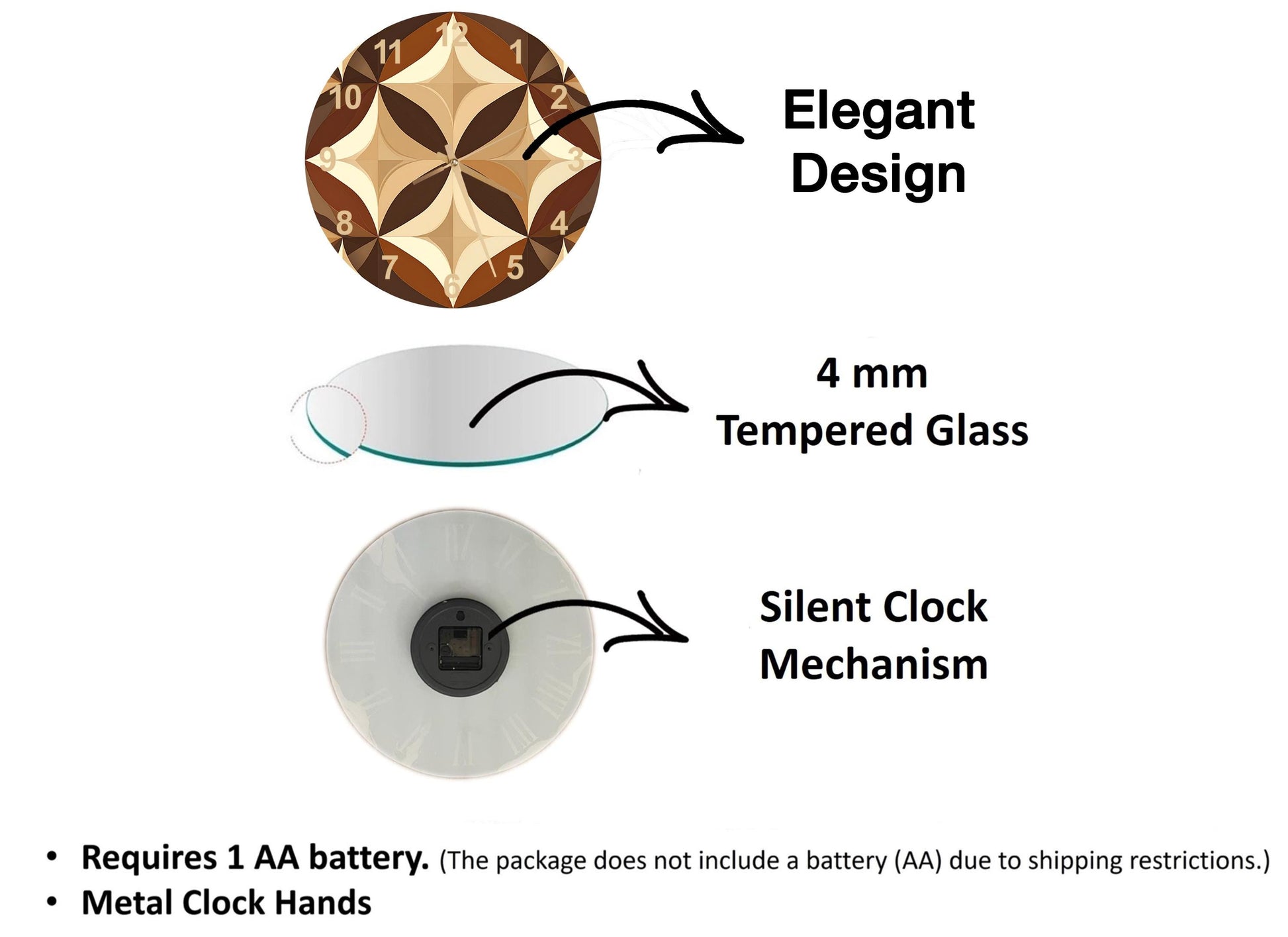The image is a diagram that illustrates the features of a clock, including a 4 mm Tempered Glass face, a Silent Clock Mechanism, and Metal Clock Hands.