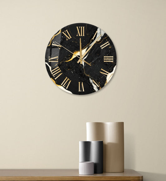 Glass Wall Clock - Black Marbled Roman Numeral | Modern Tempered Glass Timepiece