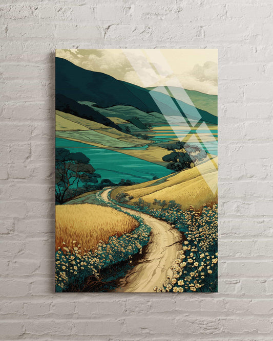 Tempered Glass Wall Art - Mountain Path Art with Wildflower Landscape & Lake View