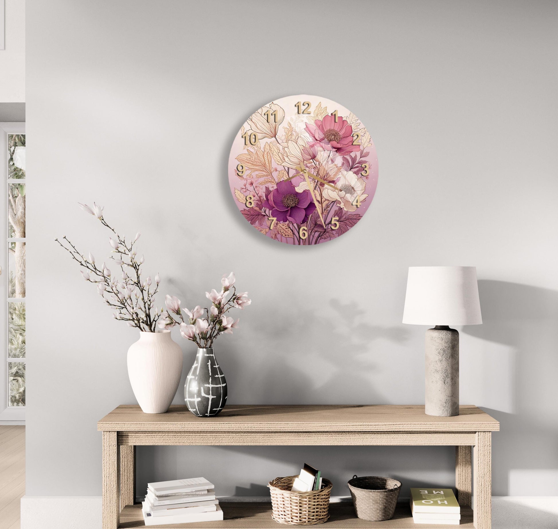 a table with a vase of flowers and a clock on the wall