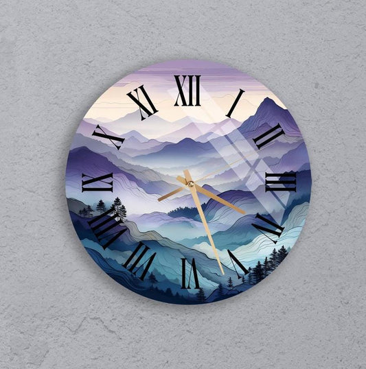 Modern Glass Wall Clock – Blue Purple Mountain, Tempered Glass, Stylish Decor