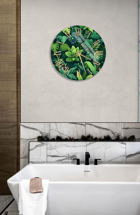 Tempered Glass Wall Clock - Tropical Leaf Design | Green Aesthetic Decor, Silent