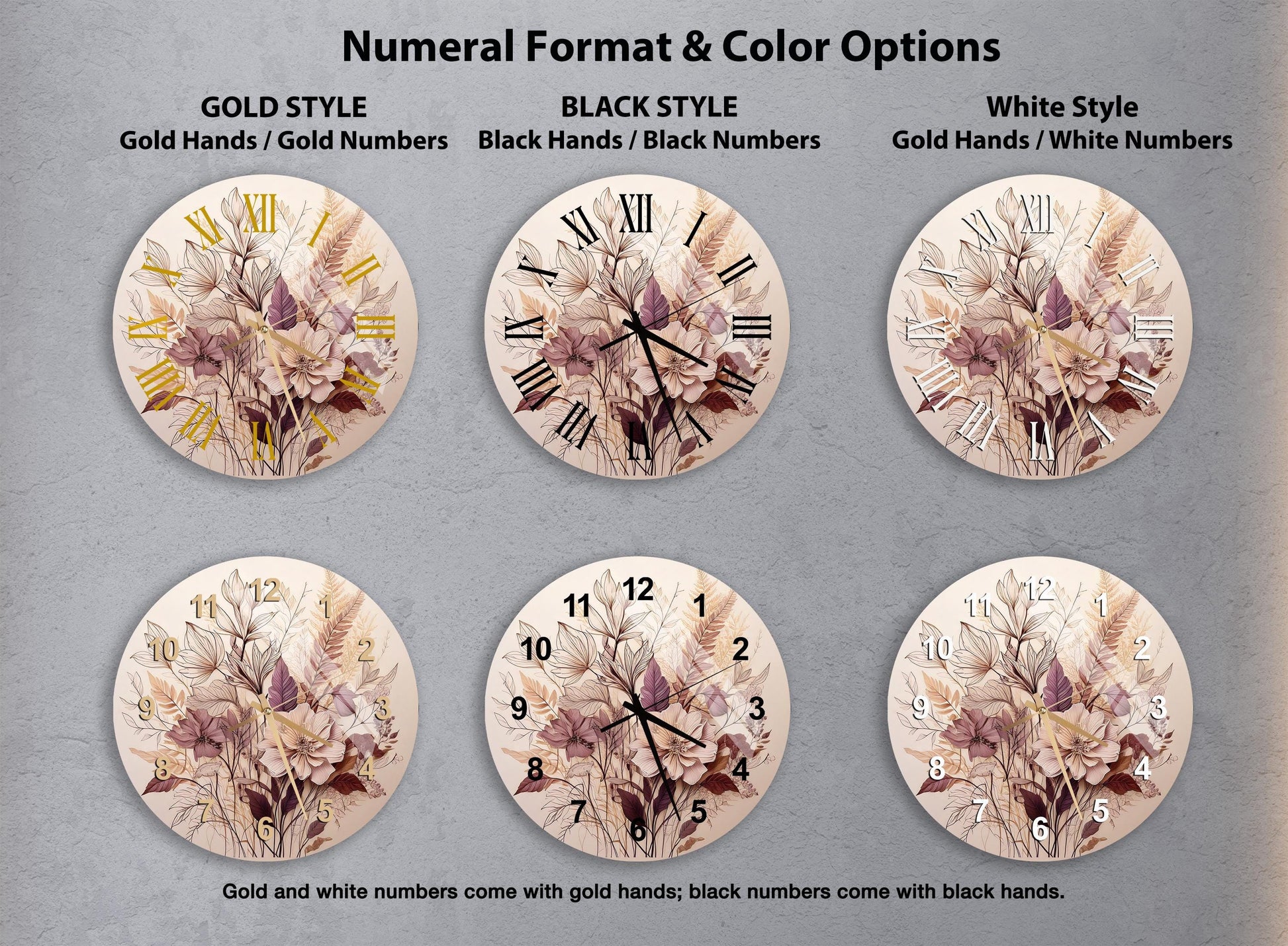 a set of four clocks with flowers painted on them