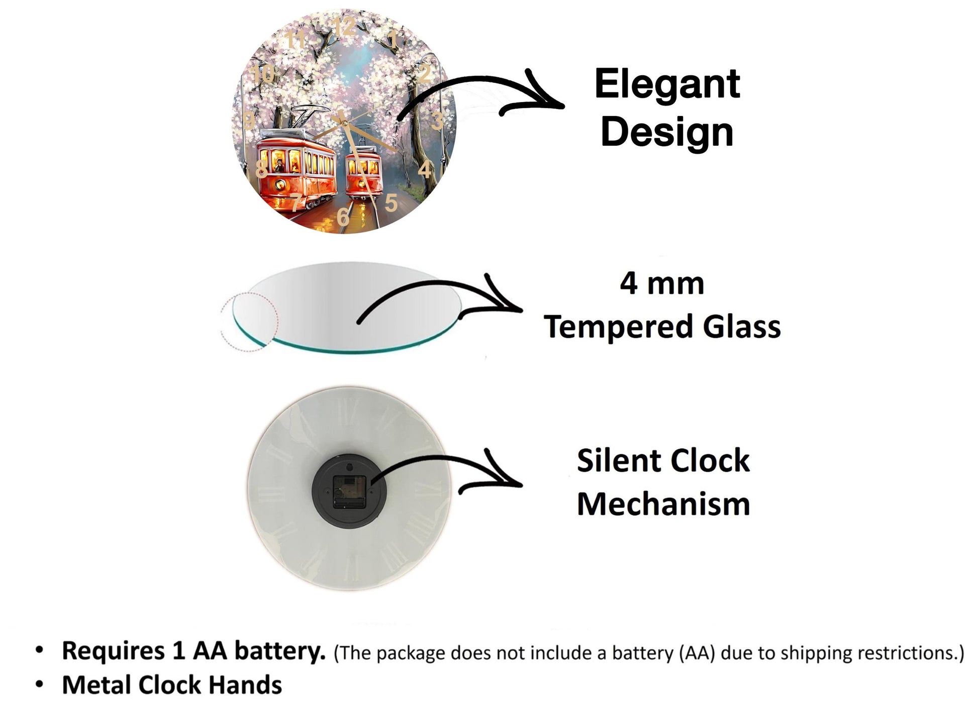 The image is a diagram that illustrates the features of a clock mechanism, including a 4 mm Tempered Glass face, a Silent Clock Mechanism, and Metal Clock Hands.