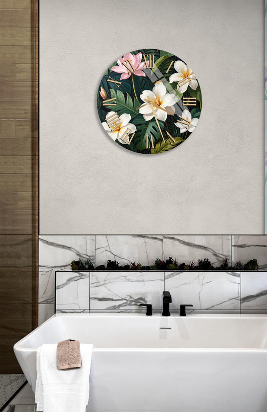 Tempered Glass Wall Clock – White Pink Flower, Tropical Theme, Silent Sweep