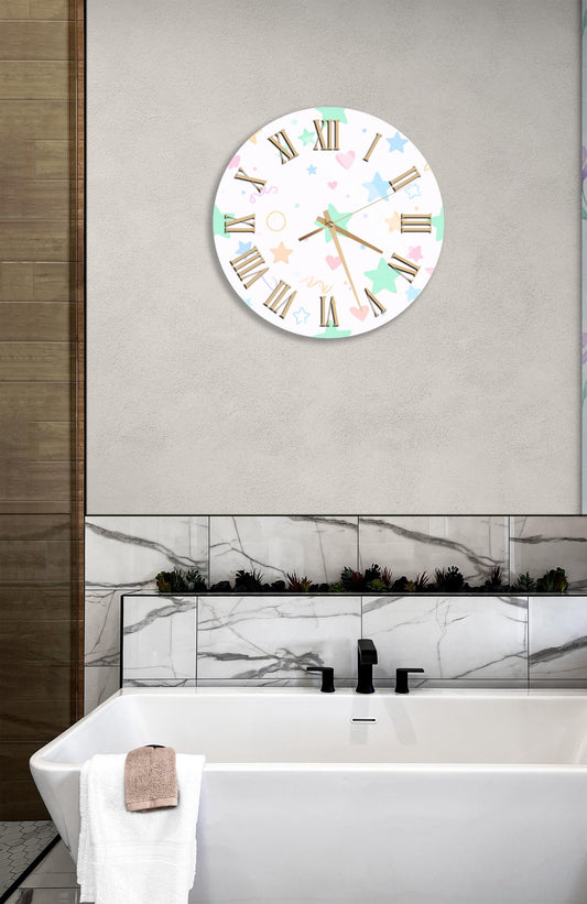 Tempered Glass Wall Clock – Pastel Star Design | Modern Round Art Clock, Cute Decor
