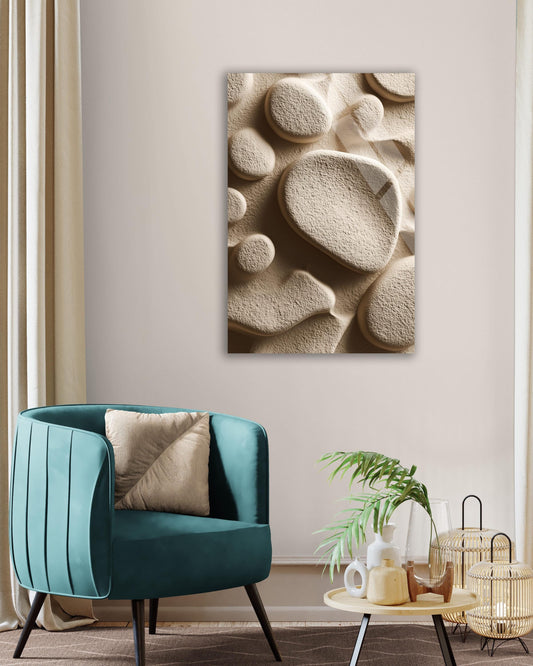 Tempered Glass Wall Art – Abstract Stone Print with Organic Shapes Mural, Beige