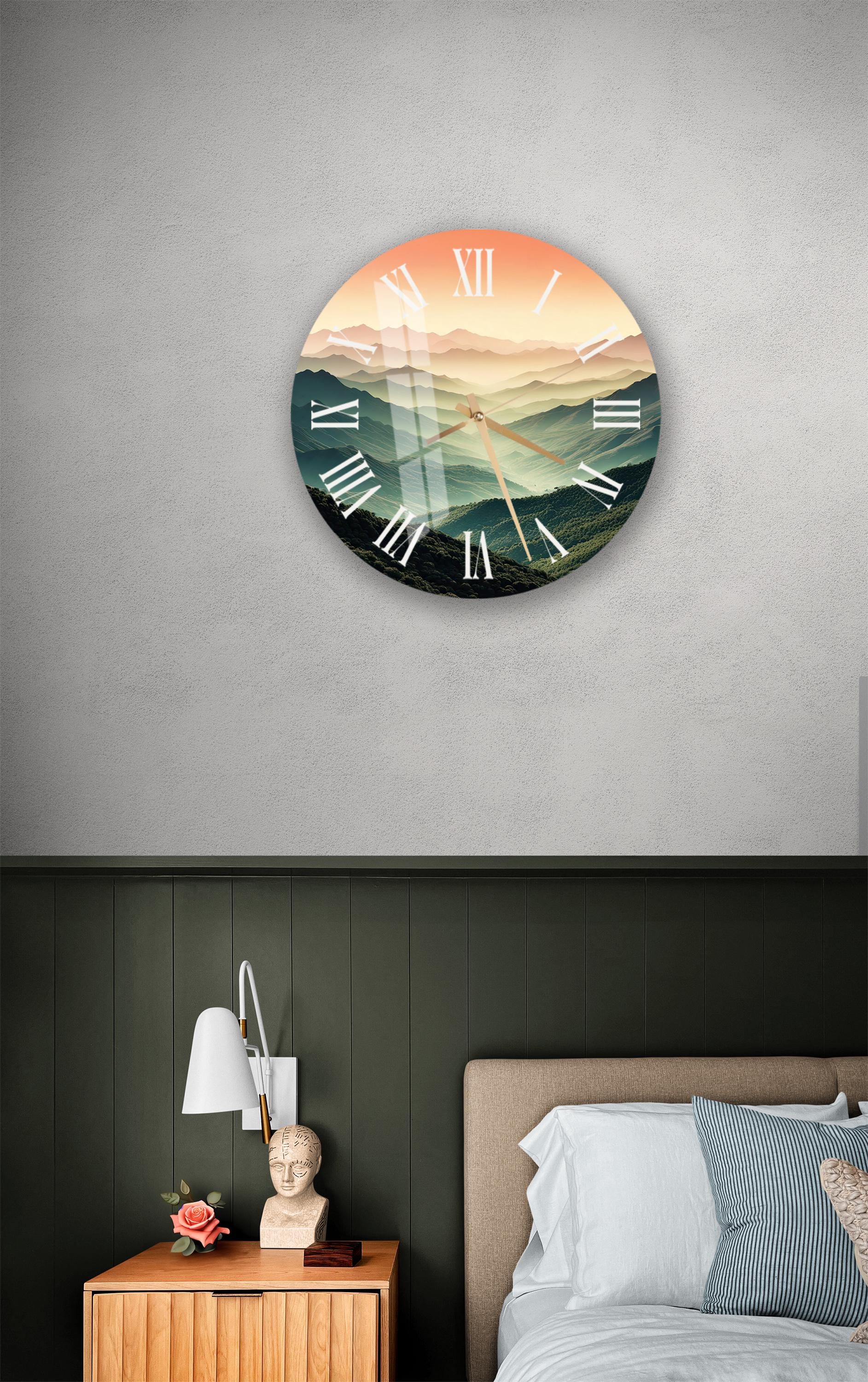 a bedroom with a bed and a clock on the wall