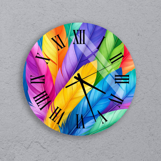 A colorful clock with a vibrant feather design on its face.