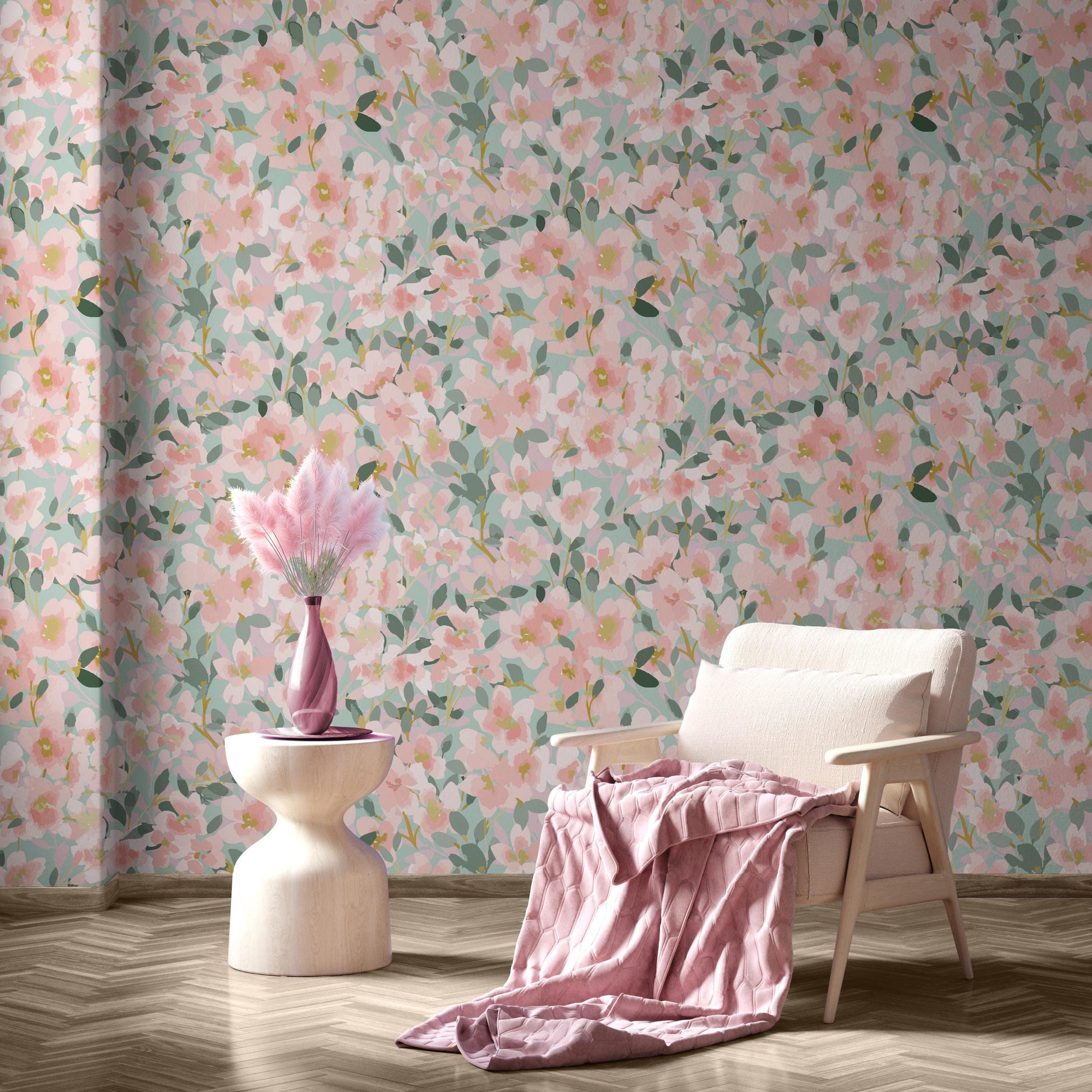 a cozy living room with a floral wallpaper, a white armchair, and a small side table with a pink vase and a pink blanket.