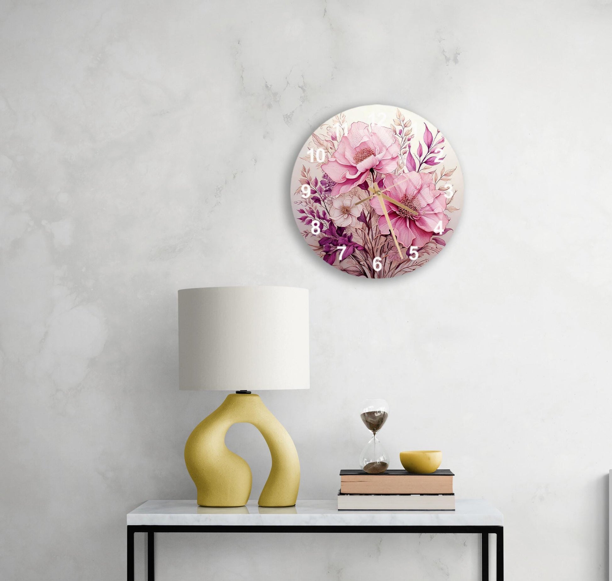 a table with a lamp and a clock on it