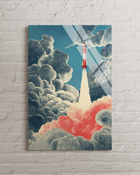 Tempered Glass Wall Art - Vintage Space Art | Retro Rocket Launch Illustration