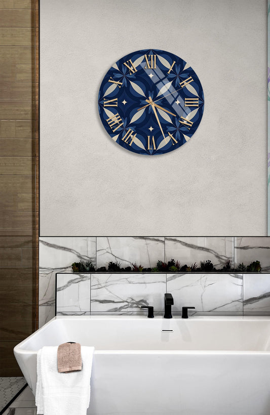 Tempered Glass Wall Clock – Blue Geometric Design | Modern Home Decor Piece