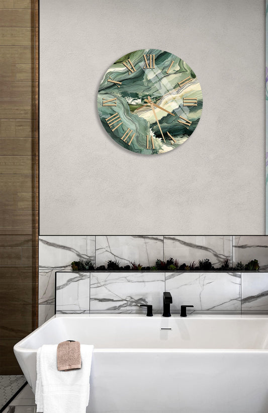 Tempered Glass Wall Clock – Green Abstract Design | Silent Quartz Timepiece