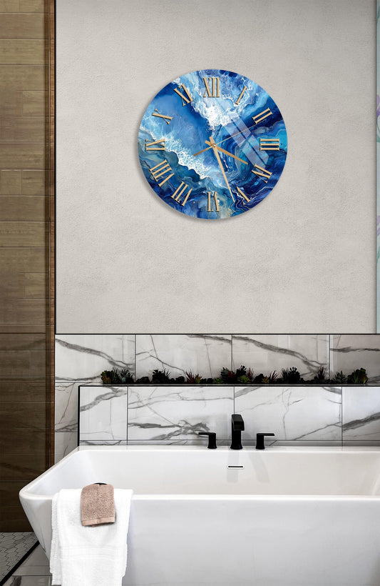 Tempered Glass Wall Clock - Large Blue Ocean Clock | Coastal Modern Decor