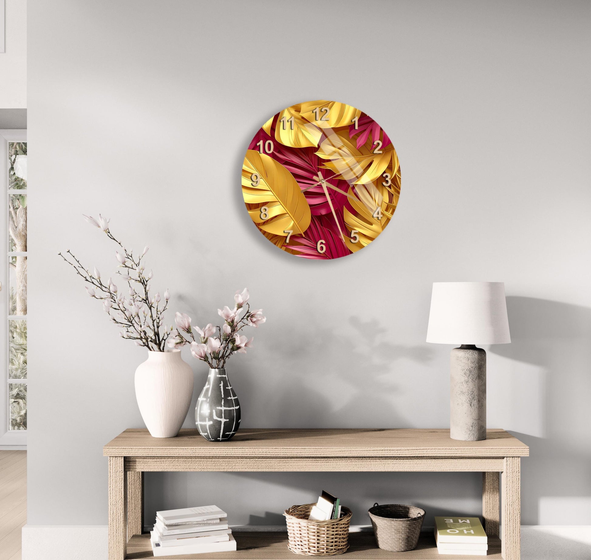 a modern living room with a large round clock on the wall, a wooden table with a vase of flowers and a lamp, and a bookshelf with books and decorative items.