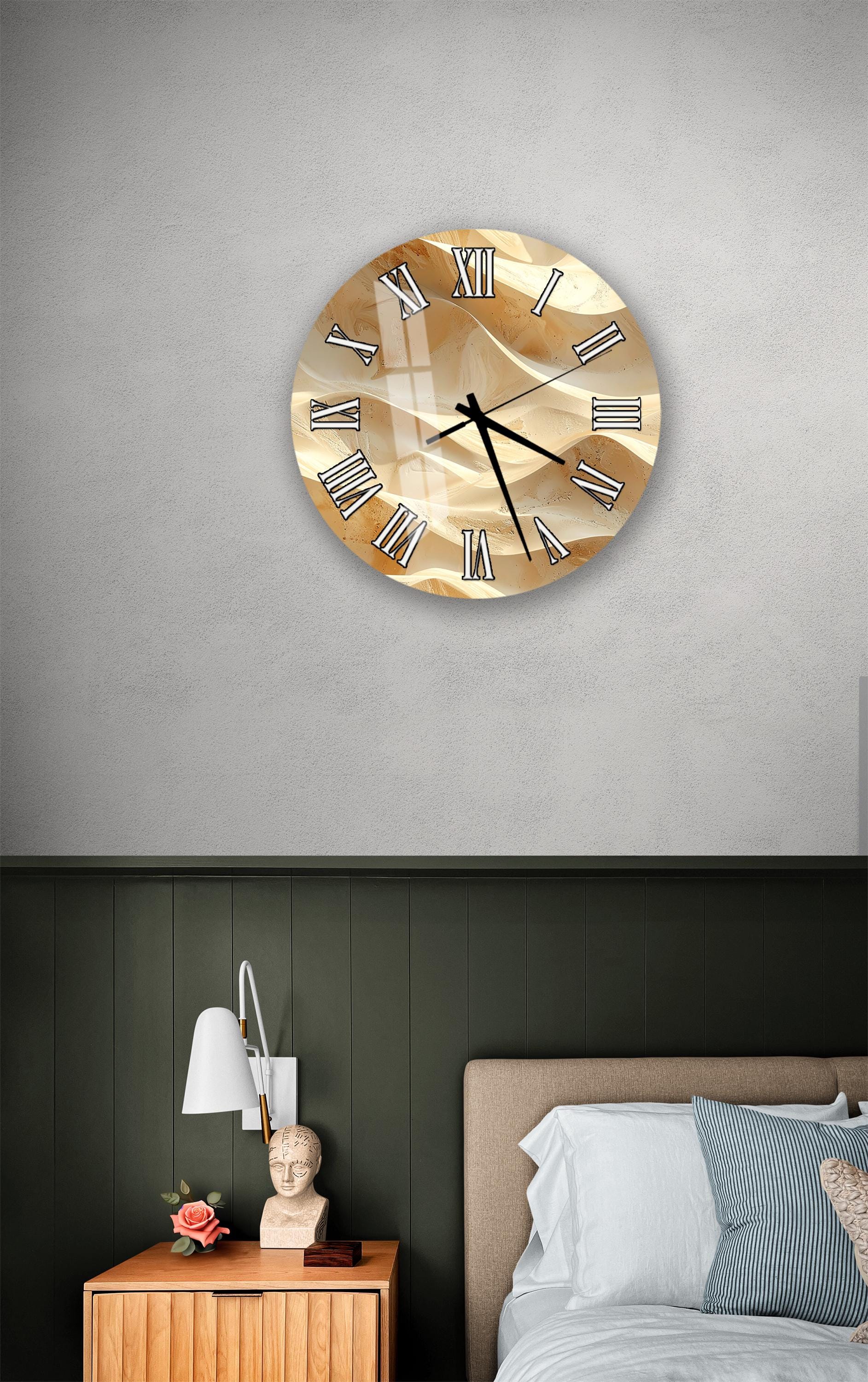 a bedroom setting with a wall clock, a nightstand, and a bed.