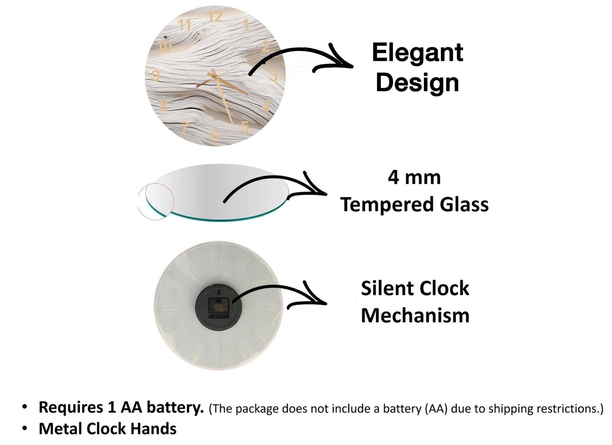 The image is a diagram that illustrates the features of a clock, including its design, materials, and mechanism.