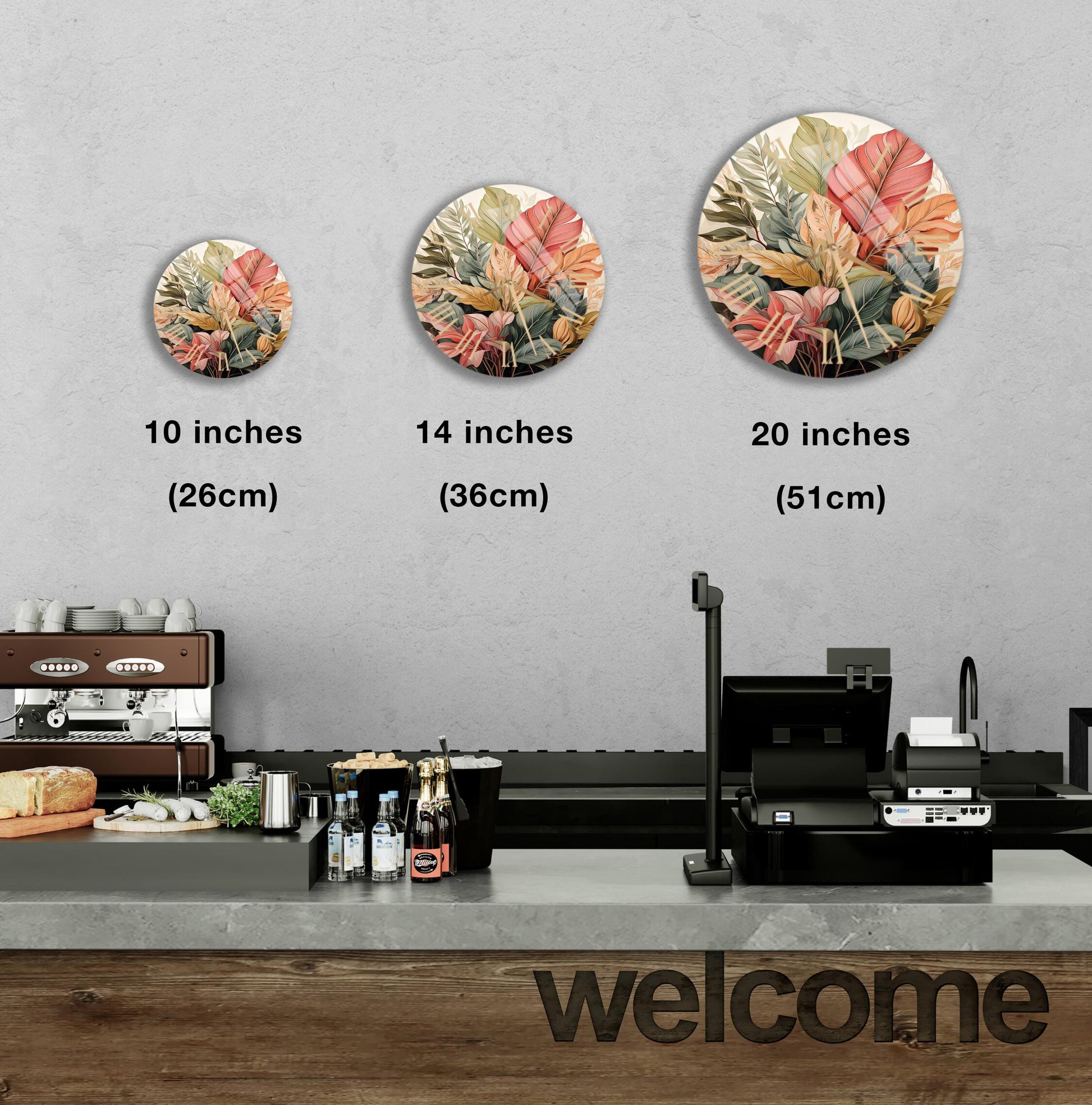a coffee shop counter with three different designs on the wall