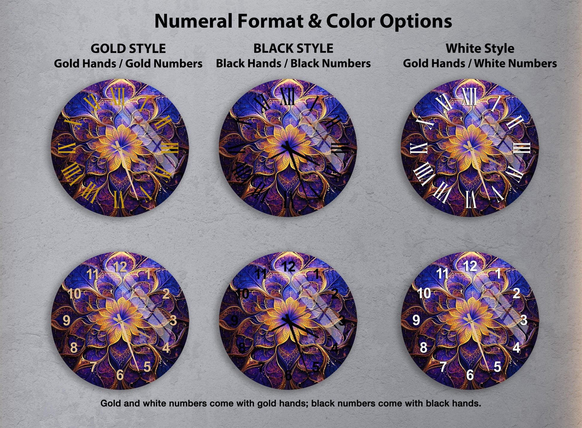 a set of four clocks with different designs on them