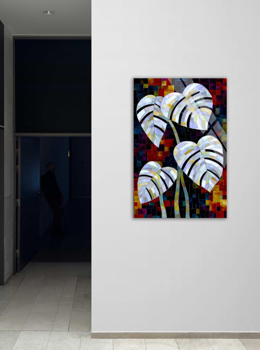 Monstera Glass Wall Art - Colorful Mosaic Tropical Wall Decor | Durable Panel