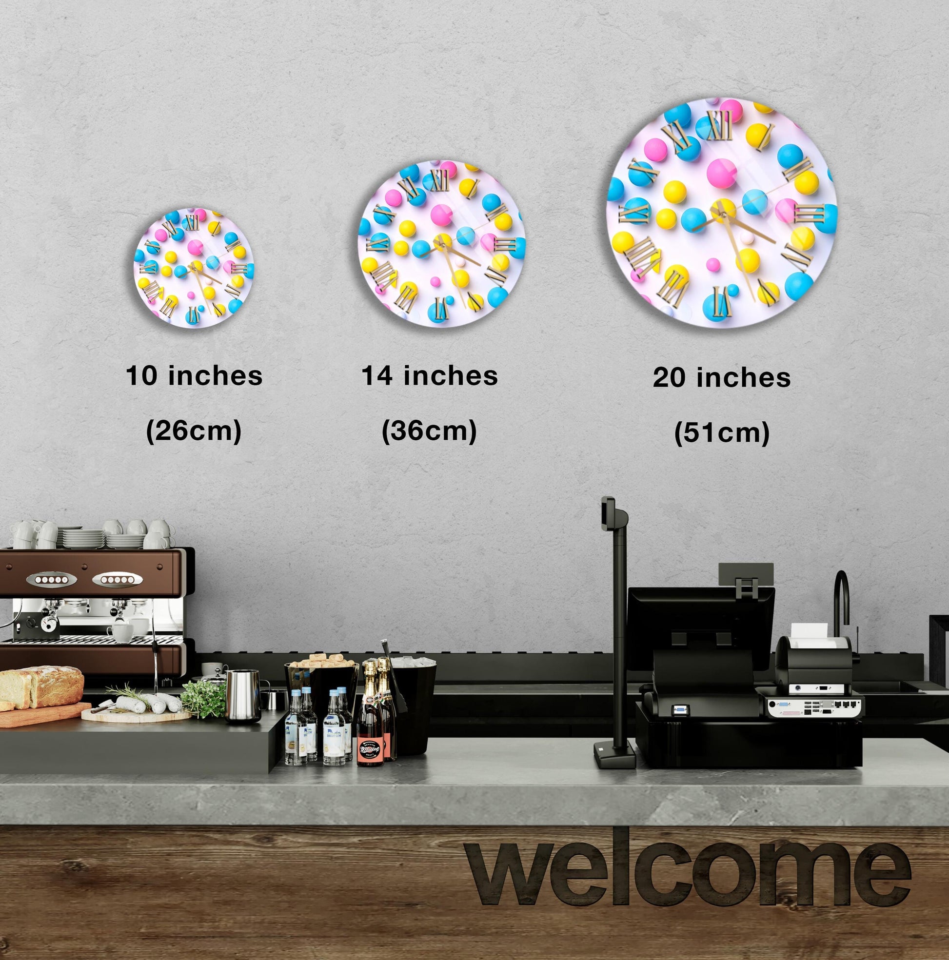 three different sizes of a round decorative plate with a colorful design, including a welcome sign in the foreground.