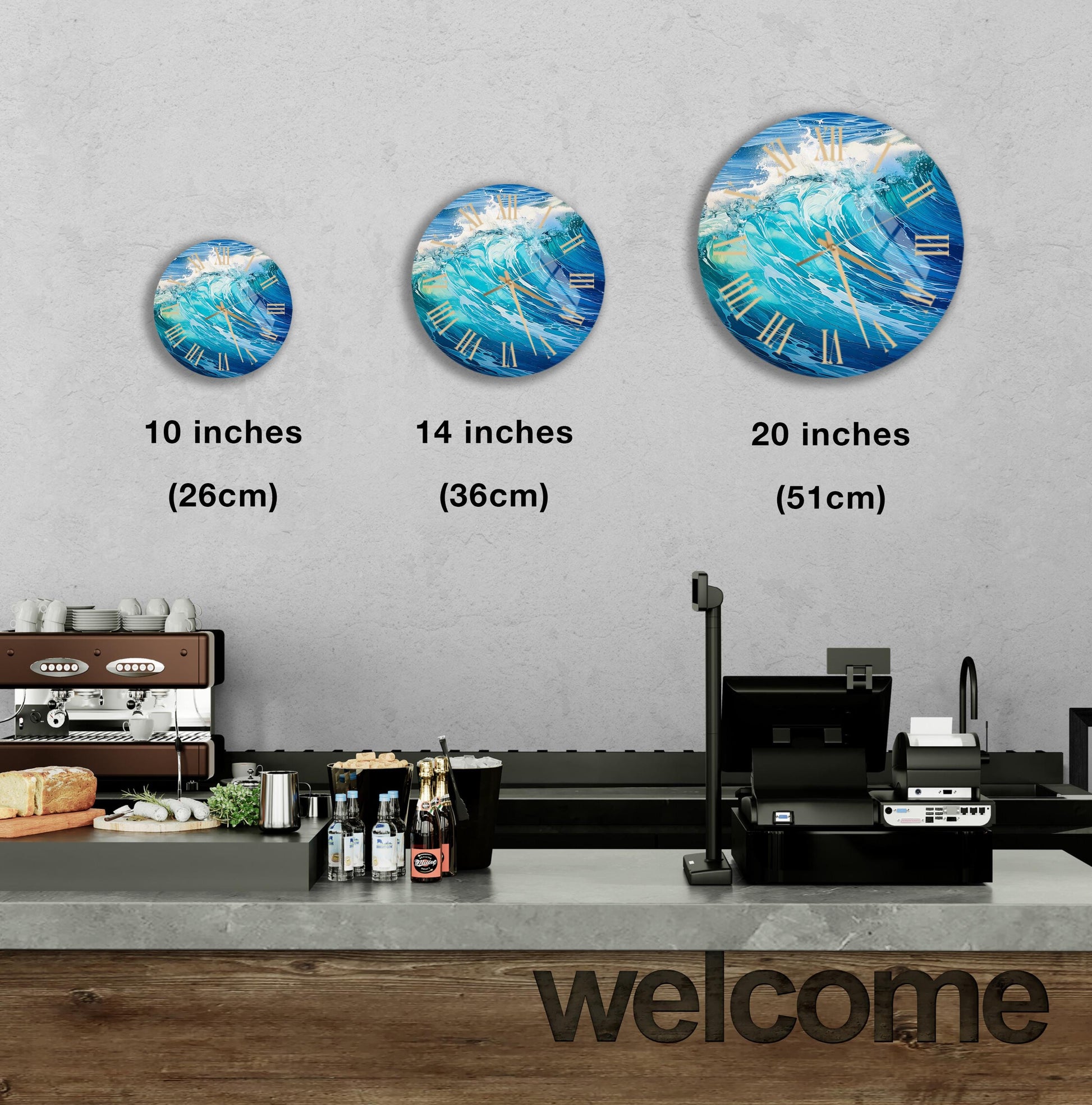 a coffee shop with three clocks on the wall