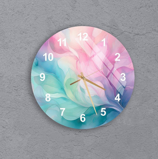 Tempered Glass Wall Clock – Pastel Watercolor Round Timepiece, Quiet Sweep, Elegant Decor