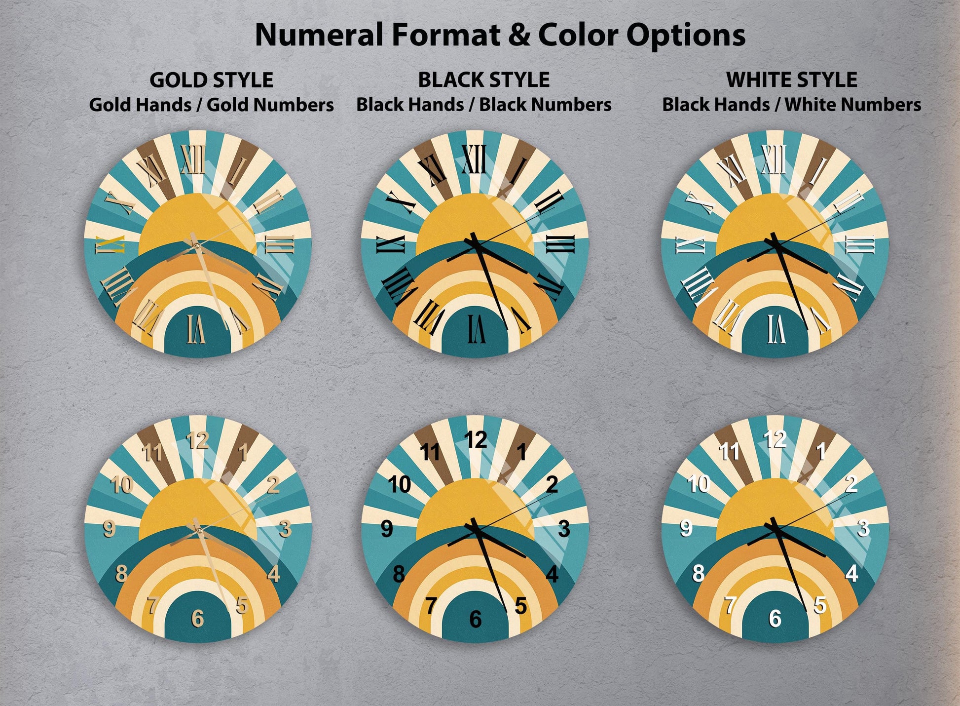 six different clock designs, each with a unique color scheme and style. The clocks are arranged in a grid format, with three rows and two columns. The clocks feature various color combinations, such as gold, black, white, and other vibrant hues. The clocks are designed with a sun-like pattern, adding a touch of creativity to their appearance.