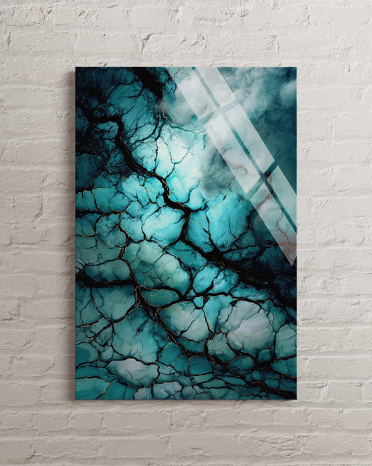 Abstract Tempered Glass Wall Art – Turquoise Marble Print, Luxury Cracked Design