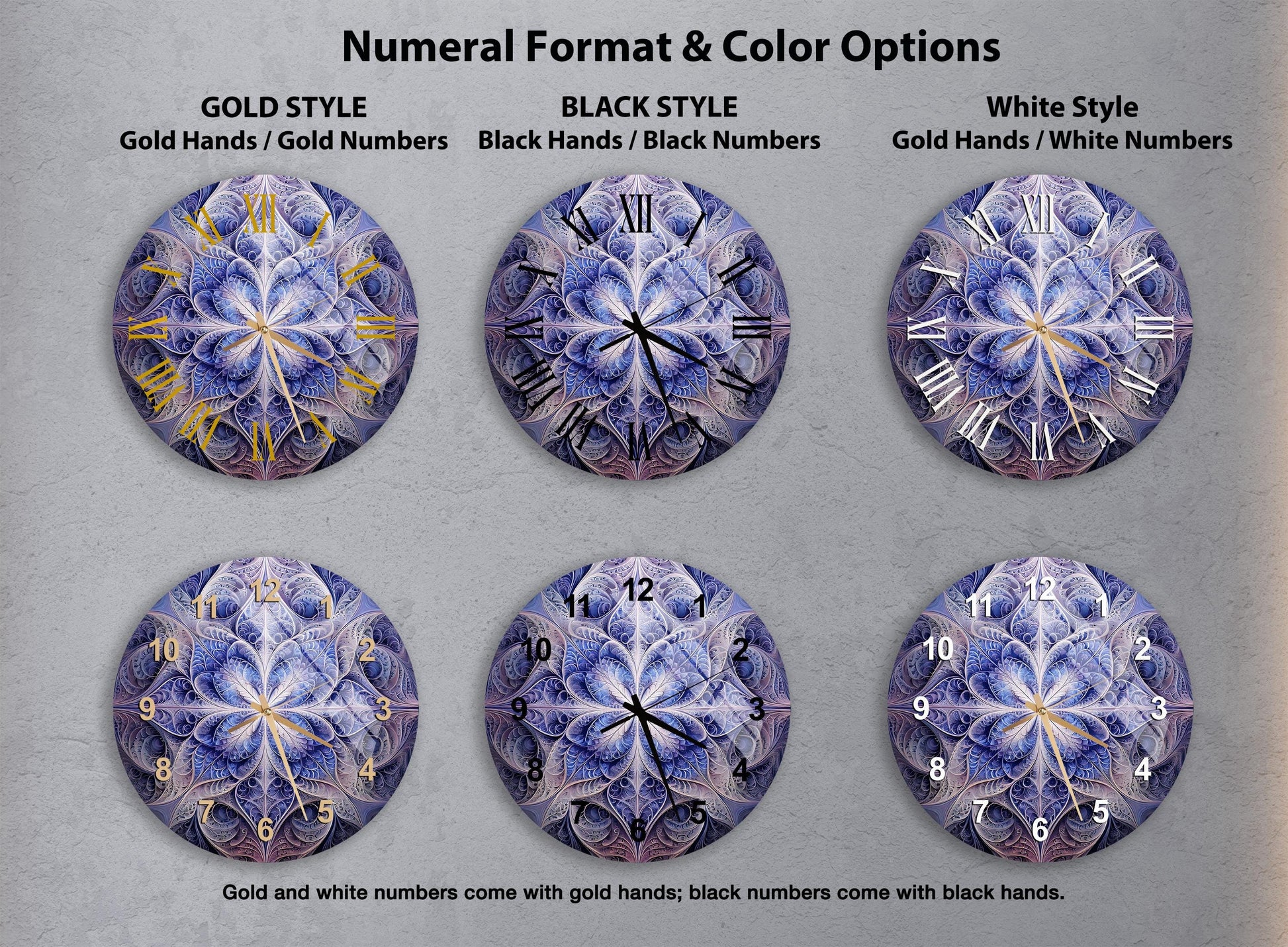 a set of four clocks with different designs on them