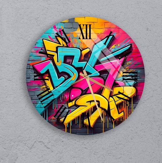 Glass Wall Clock – Modern Tempered Glass Clock With Colorful Graffiti Art Decor