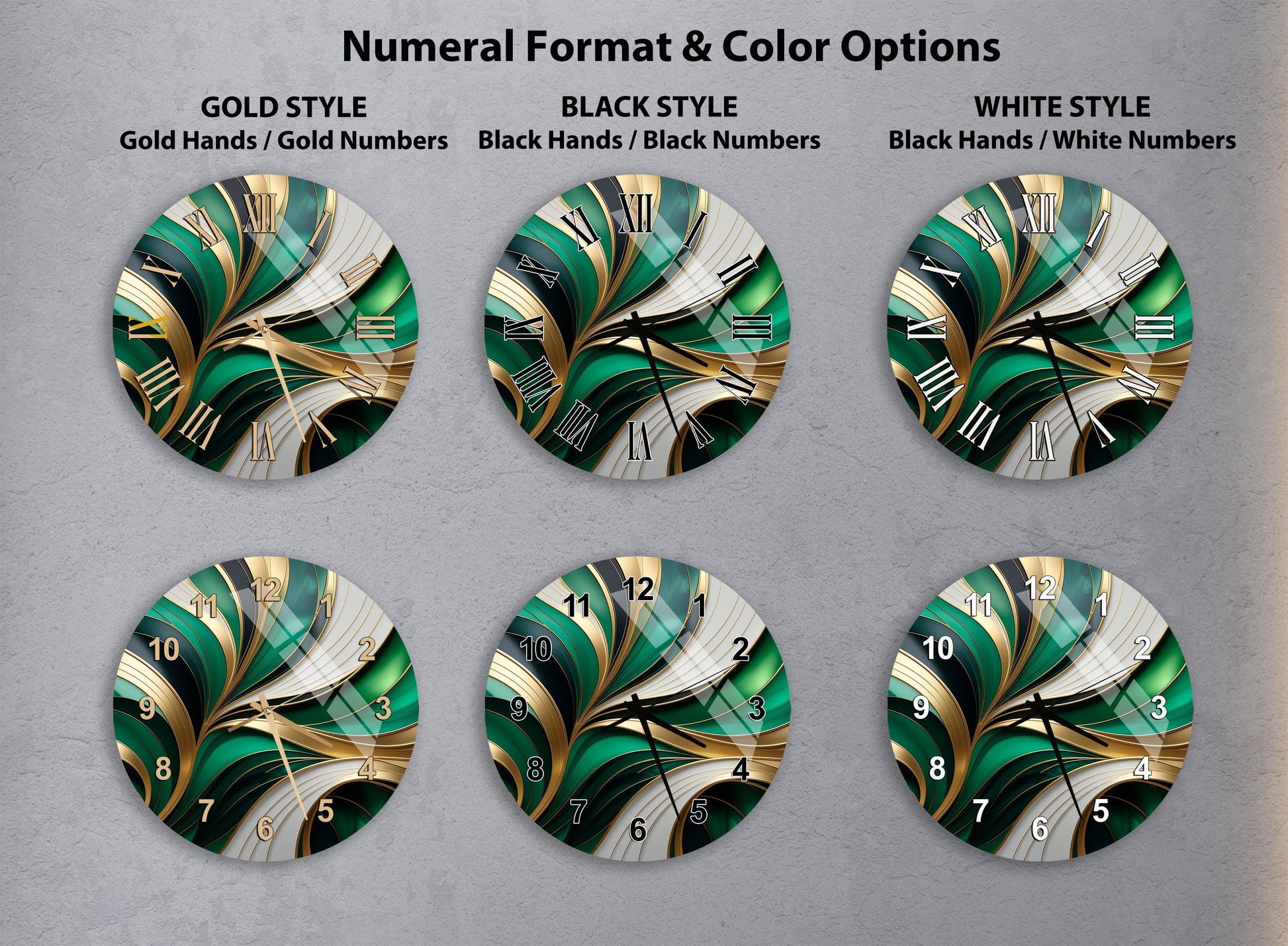 six different clock designs with various styles and color options, including gold hands, black hands, and white numbers.