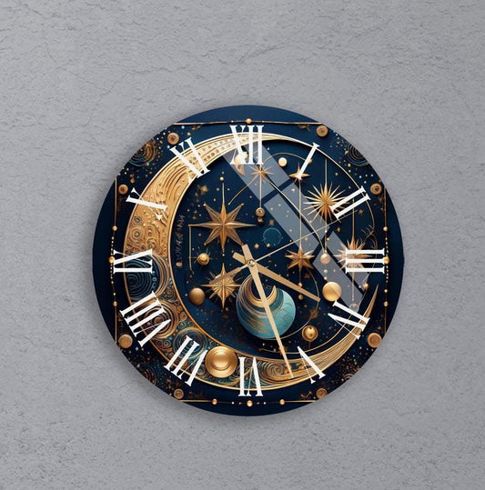 Tempered Glass Wall Clock - Celestial Lunar Phases Gold Decor | Silent Mechanism