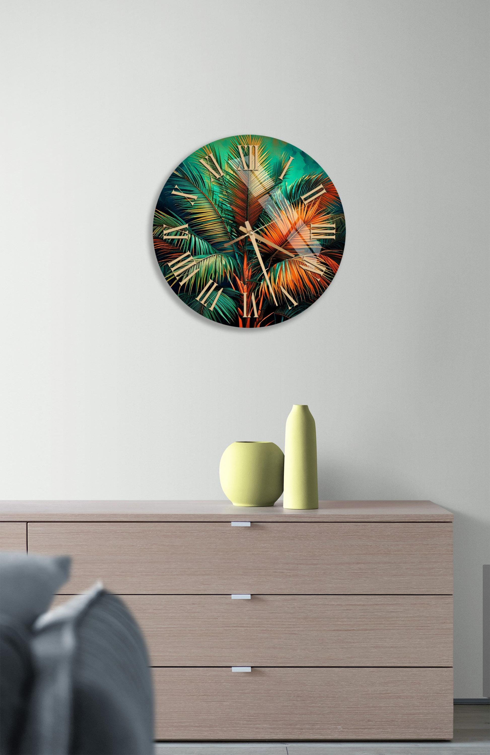 a clock with fireworks on it in a room