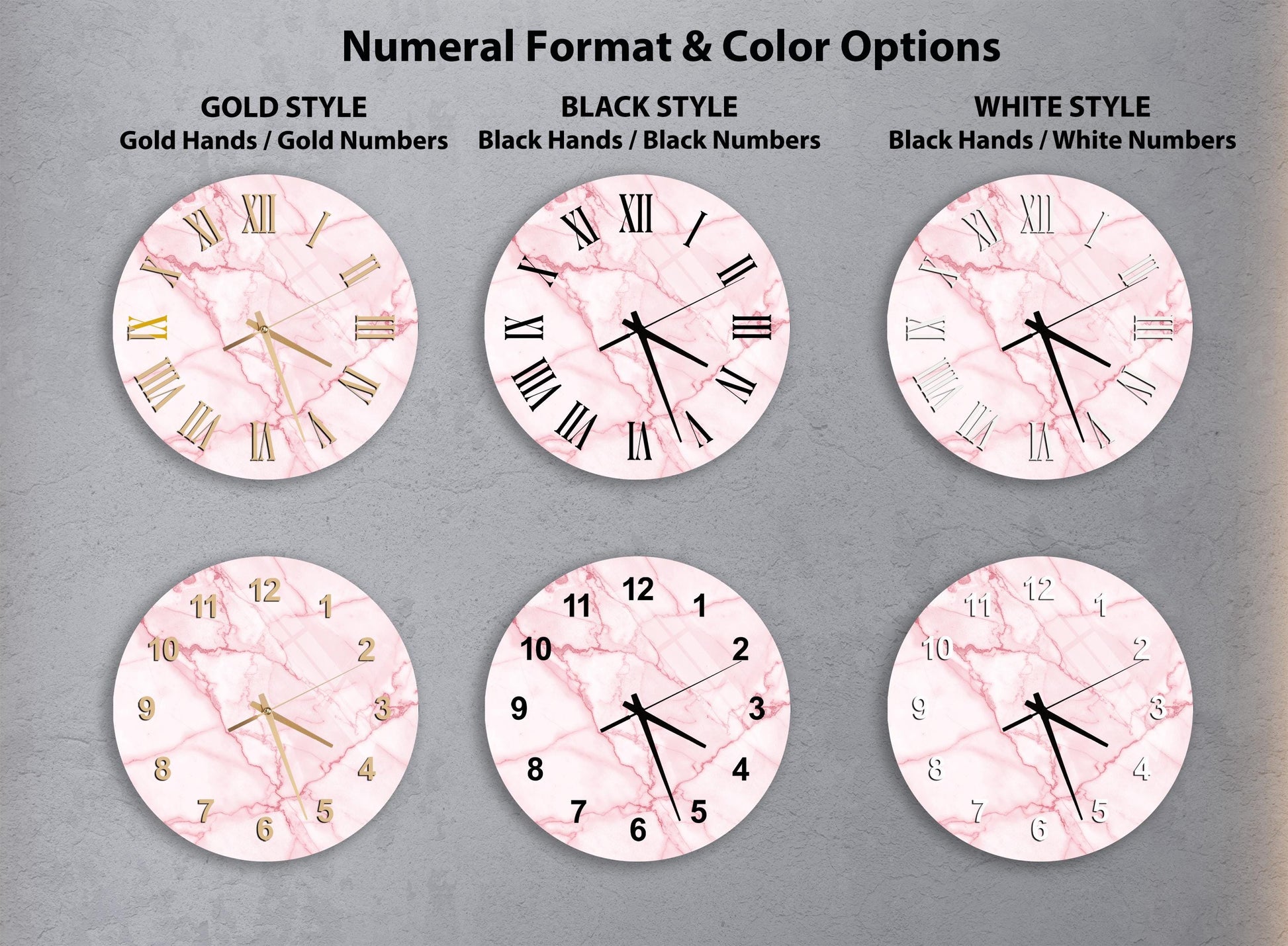 a collection of six different styles of wall clocks, each with a unique color and number design. The clocks are arranged in a grid format, with two rows and three columns, showcasing the variety of options available for wall clock designs.