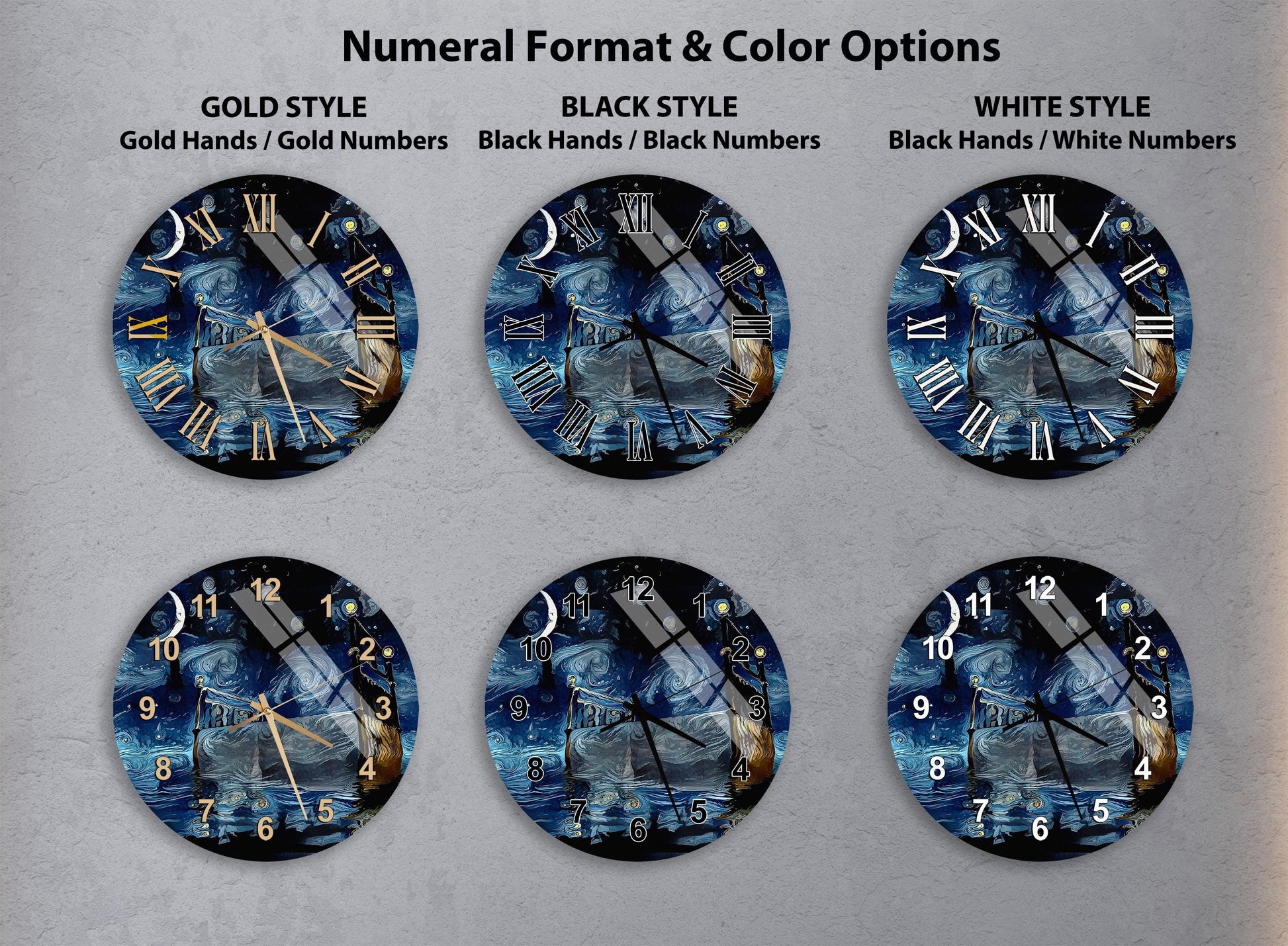 a collection of six clock faces, each with a different numeral format and color options. The clocks feature various styles, including gold hands and gold numbers, black hands and black numbers, and white hands and white numbers.