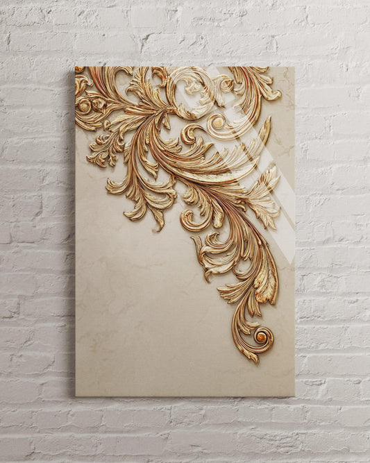Gold Baroque Wall Art – 3D Acanthus Print Luxury Glass Decor With Ornate Scrollwork