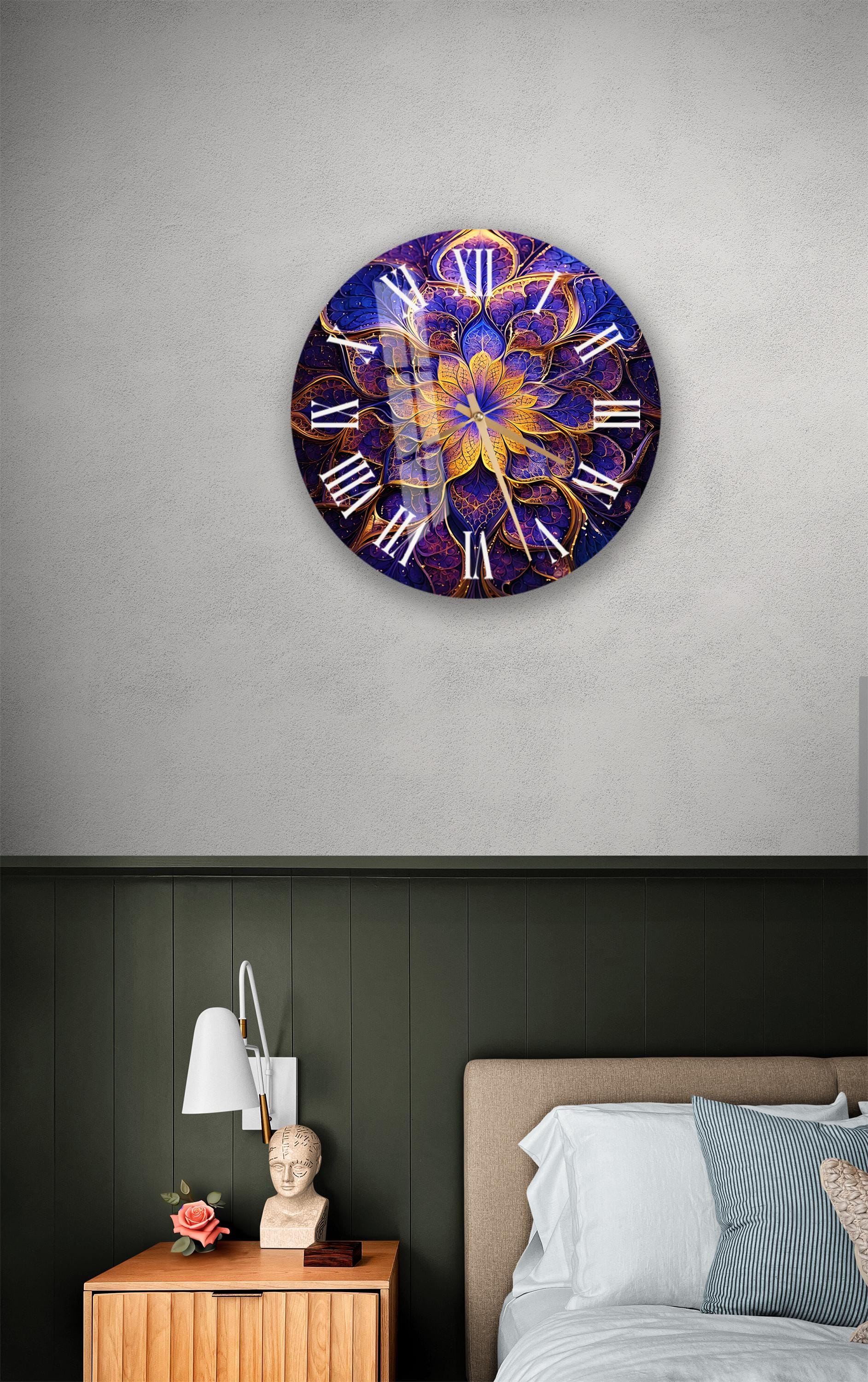 a bedroom with a bed and a large clock on the wall