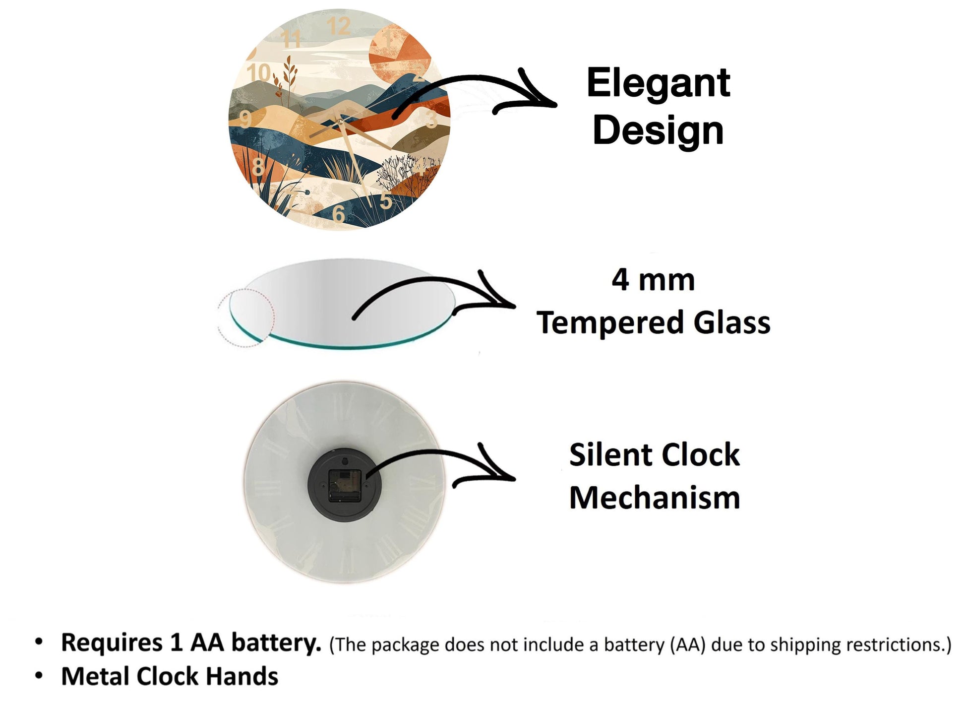 The image is a diagram that illustrates the features of a clock, including its design, size, and mechanism. It shows a 4 mm Tempered Glass clock, a silent clock mechanism, and a metal clock hand. The diagram also includes text that explains the features of the clock, such as the requirement of a 1 AA battery and the absence of a battery (AA) due to shipping restrictions.