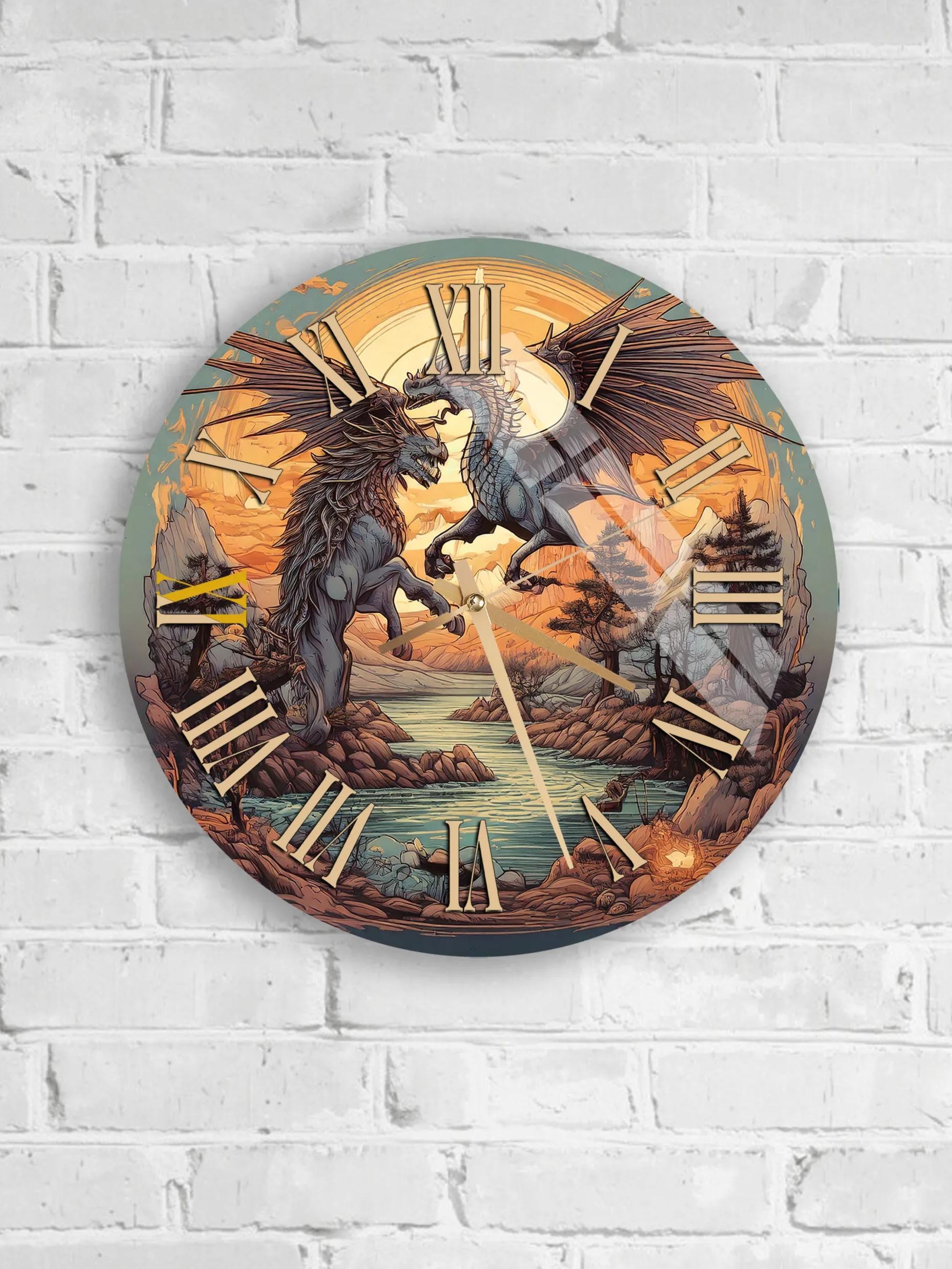 a clock with a dragon and sunset design.