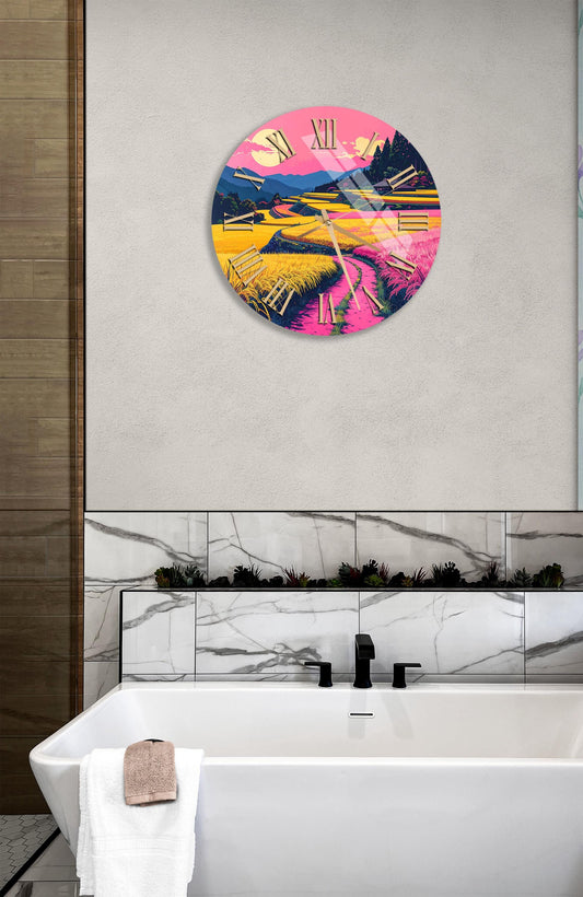 Tempered Glass Wall Clock - Pink Rice Field Landscape, Yellow Farmhouse Decor
