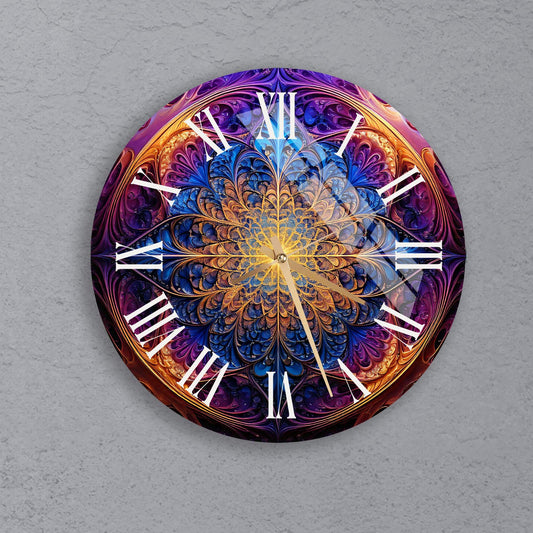 a colorful clock with roman numerals on a wall