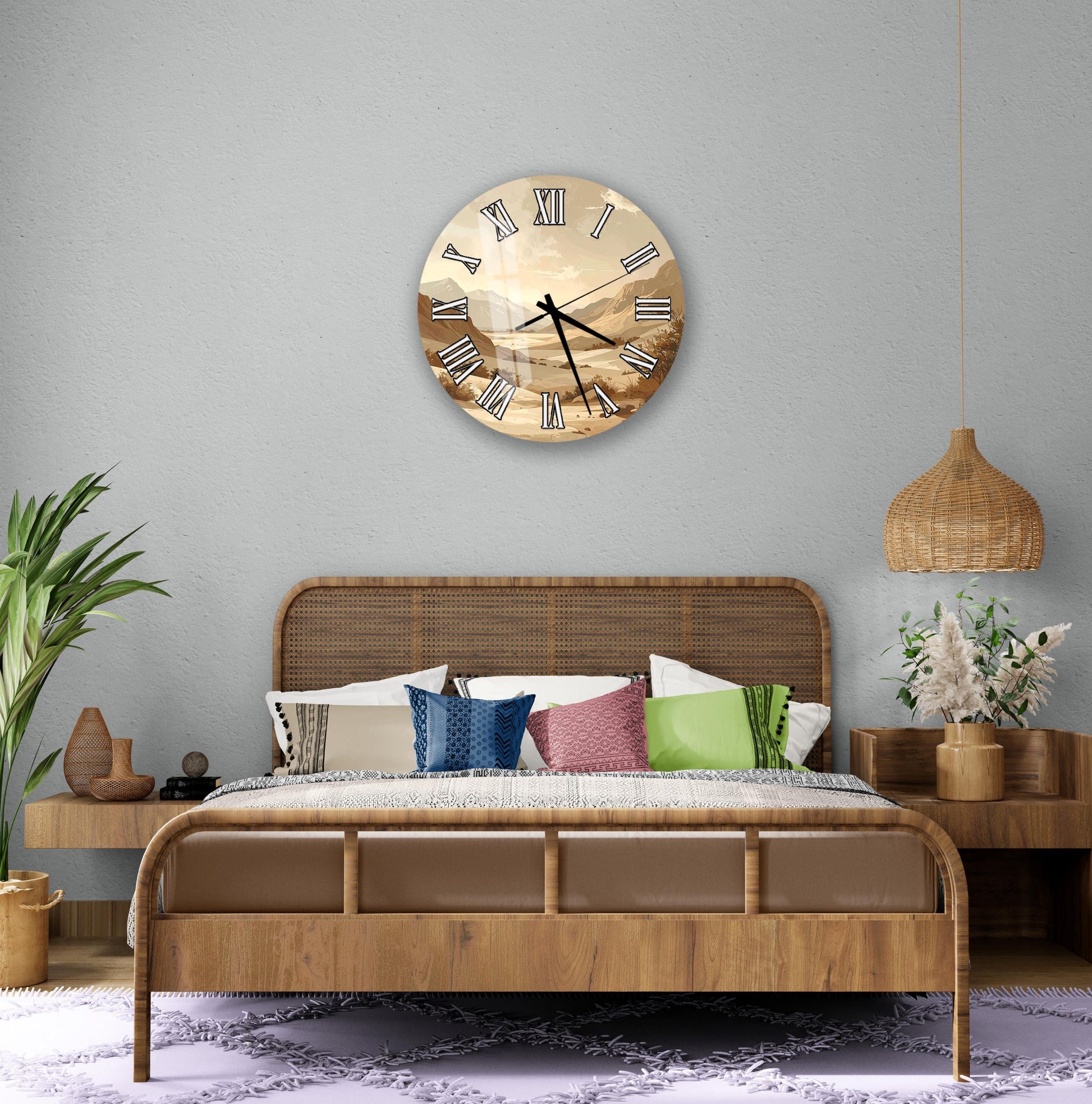 a bedroom with a large wooden bed, a round wall clock, and various decorative elements such as potted plants and vases.