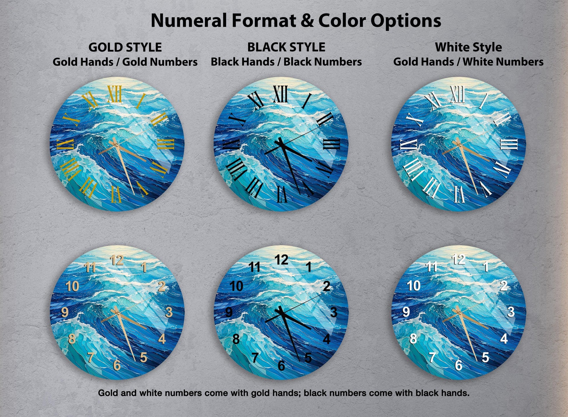 a set of four clocks with different designs on them
