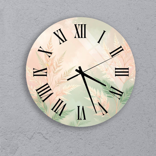 A round wall clock with Roman numerals and a floral design on the face.