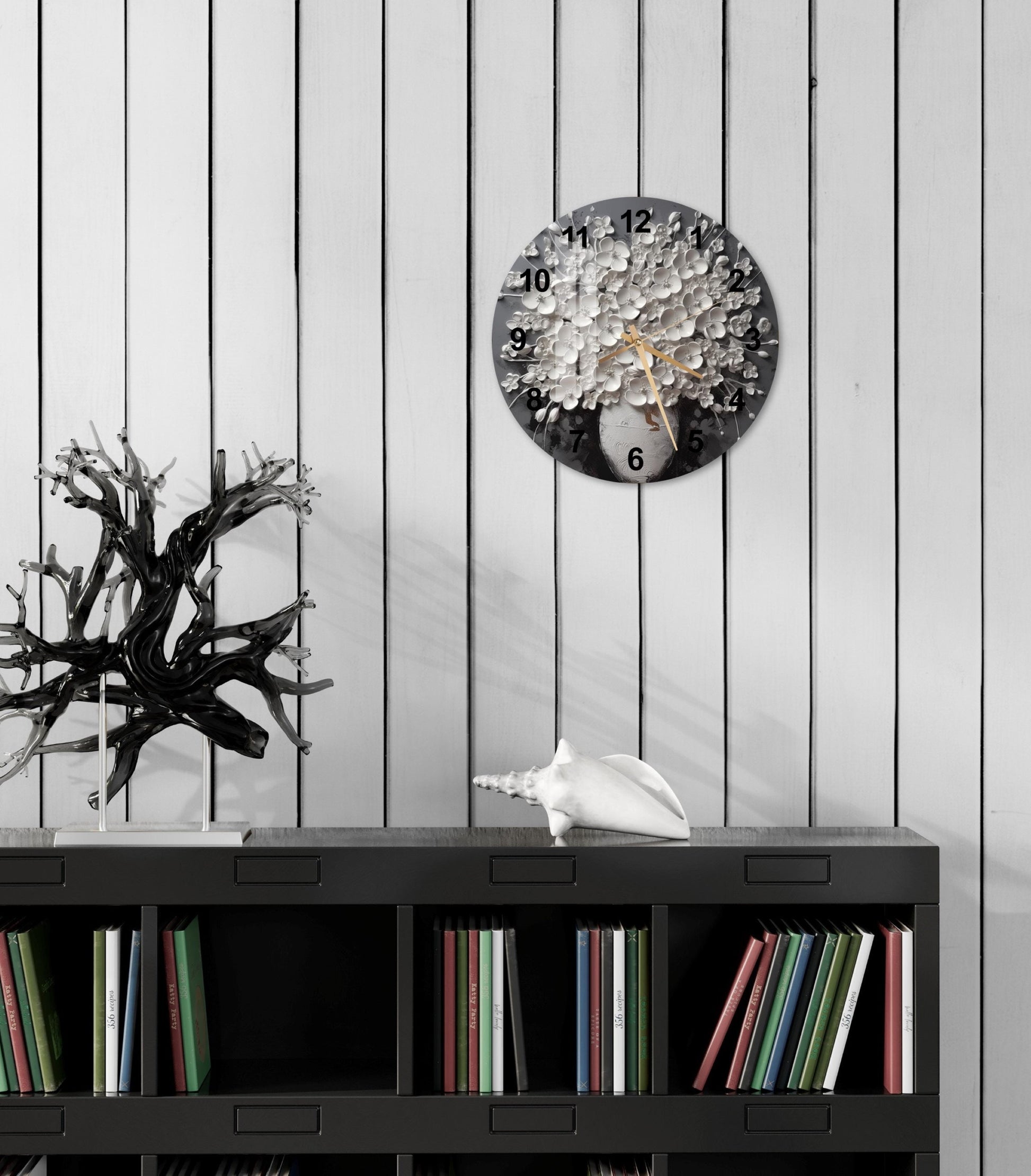 a book shelf with a clock on the wall above it